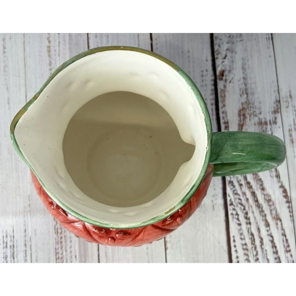 Vtg 1995 Llauter Collection Pitcher Jar Green Pink Gold Ceramic Strawberry